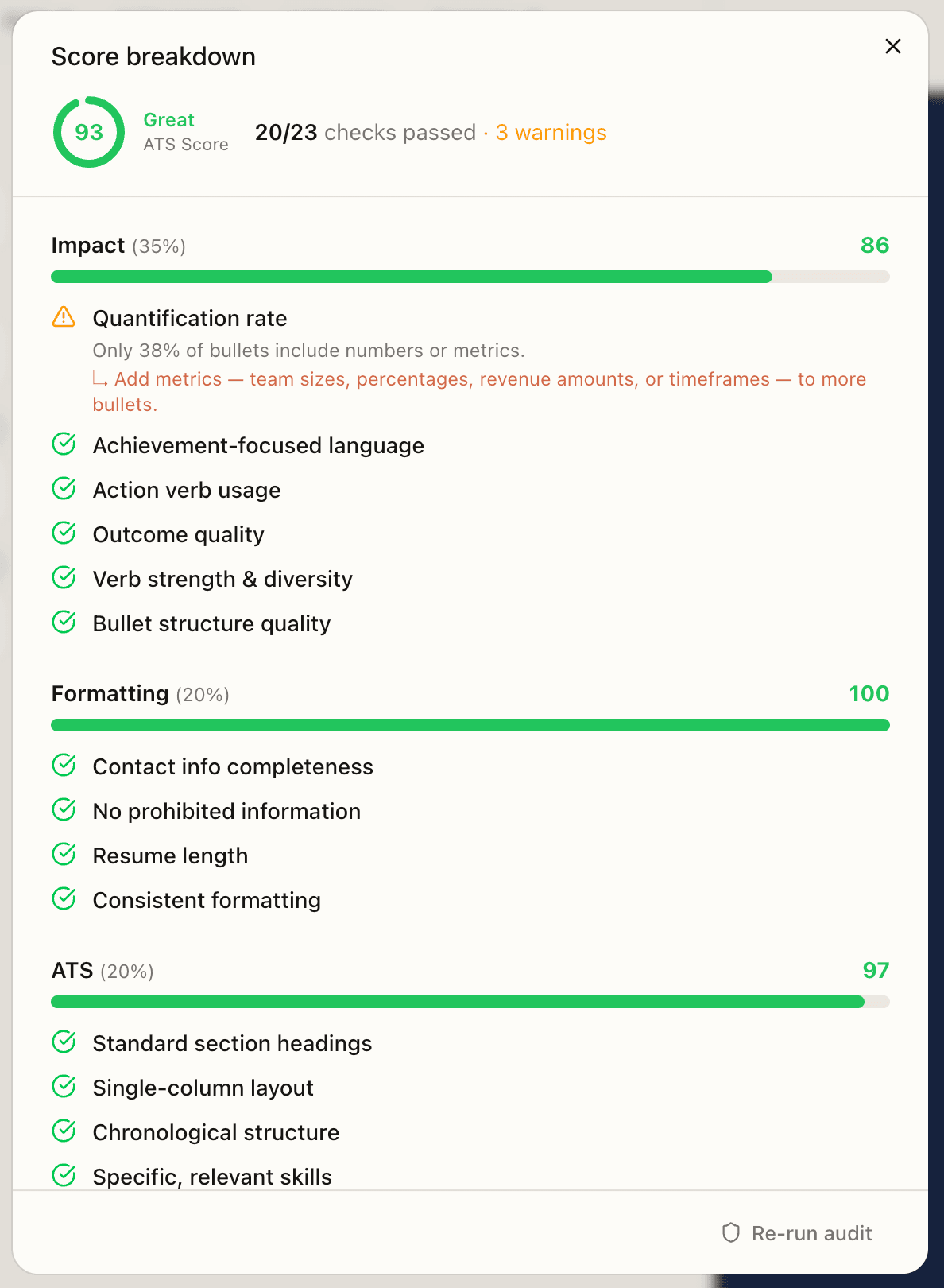 JobHone AI resume builder showing parser, keyword, and content checks